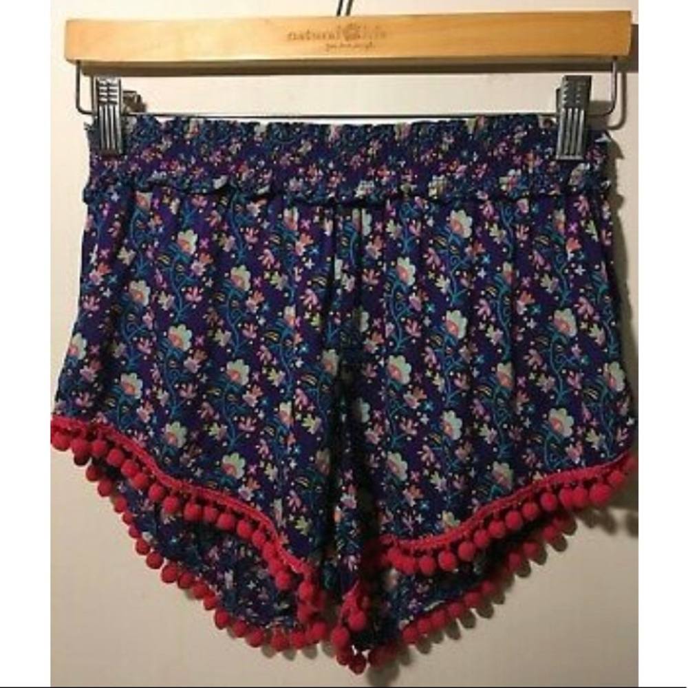 Natural life purple print shorts with Pom-poms